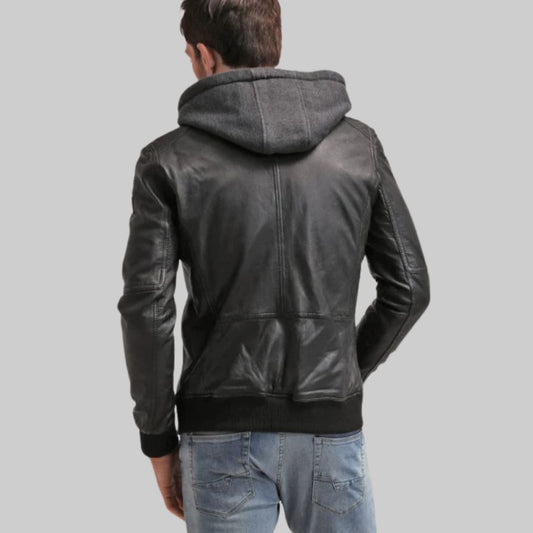 Leather Jacket with Dark Gray Fleece Hoodie