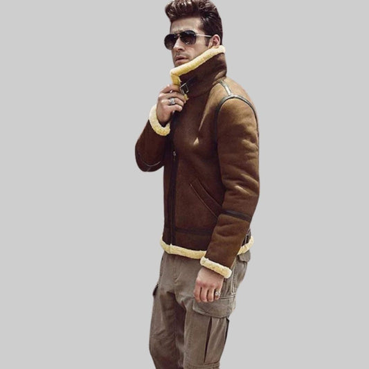 Brown Shearling Aviator Leather Jacket Men Leather Fur Jacket