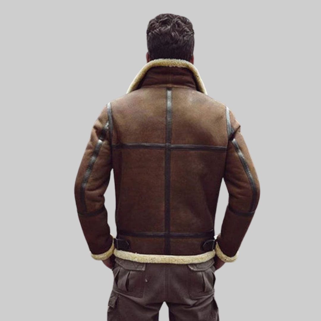 Brown Shearling Aviator Leather Jacket Men Leather Fur Jacket