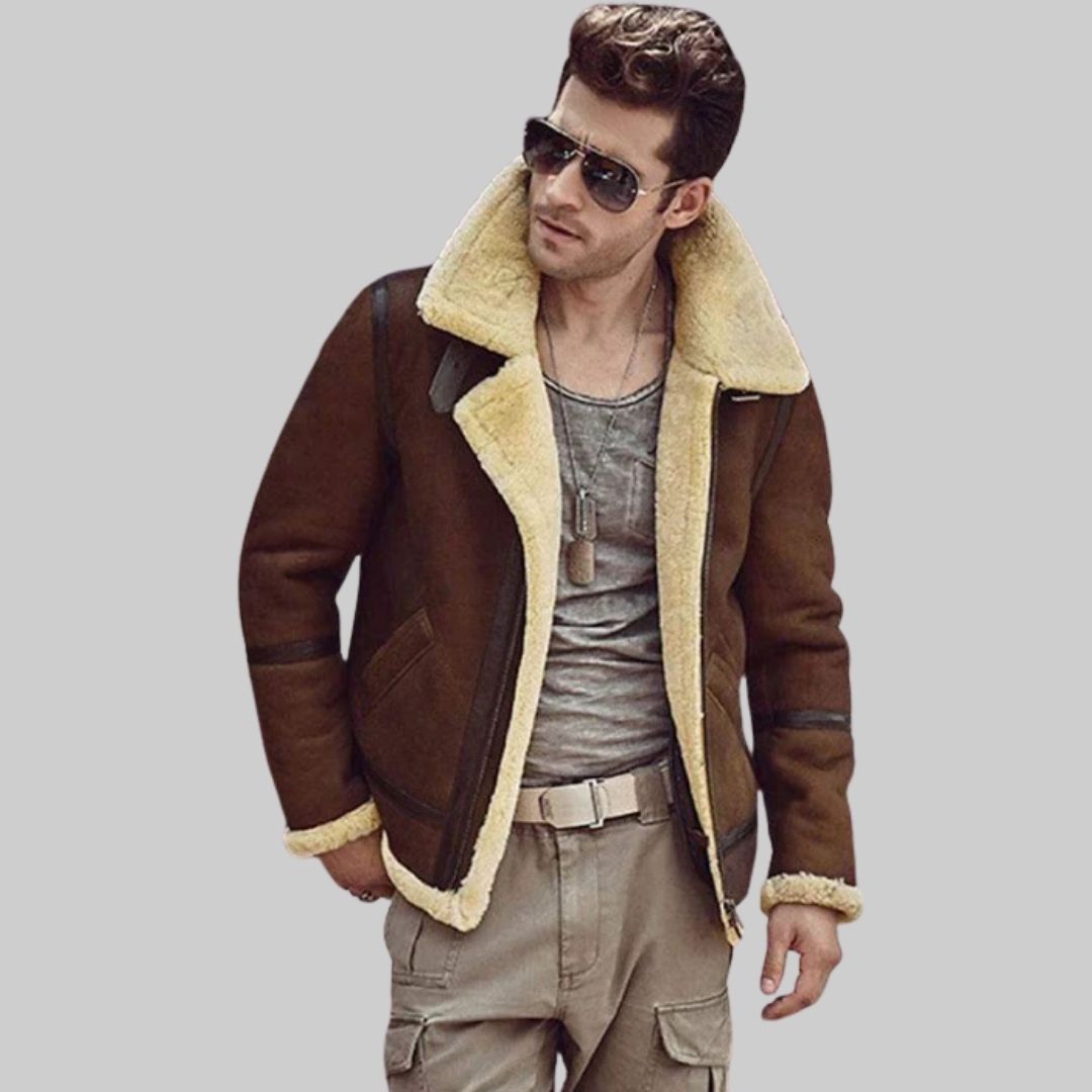 Brown Shearling Aviator Leather Jacket Men Leather Fur Jacket