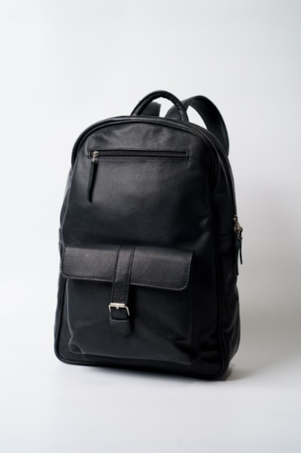 Backpack Black Leather Front Single Buckle Closure